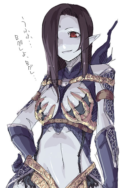 kyo (kuroichigo), dark elf (lineage 2), lineage, lineage 2, translation request, 1girl, blue skin, cleavage cutout, clothing cutout, colored skin, dark elf, elf, female focus, hair over one eye, hand on own hip, navel, pointy ears, red eyes, simple background, solo, white background