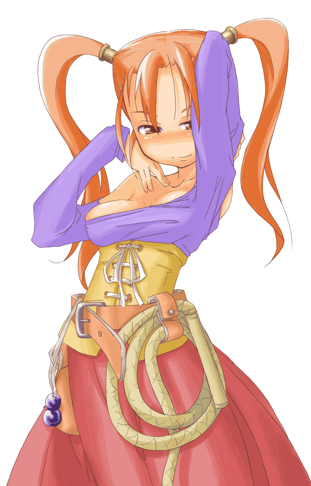 yomi (artist), jessica albert, dragon quest, dragon quest viii, square enix, 1girl, bare shoulders, belt, blush, breasts, cleavage, corset, dress, female focus, long hair, medium breasts, naughty face, no bra, orange eyes, orange hair, purple shirt, red hair, shirt, skirt, smile, solo, strapless, strapless dress, twintails, underbust, whip, white background