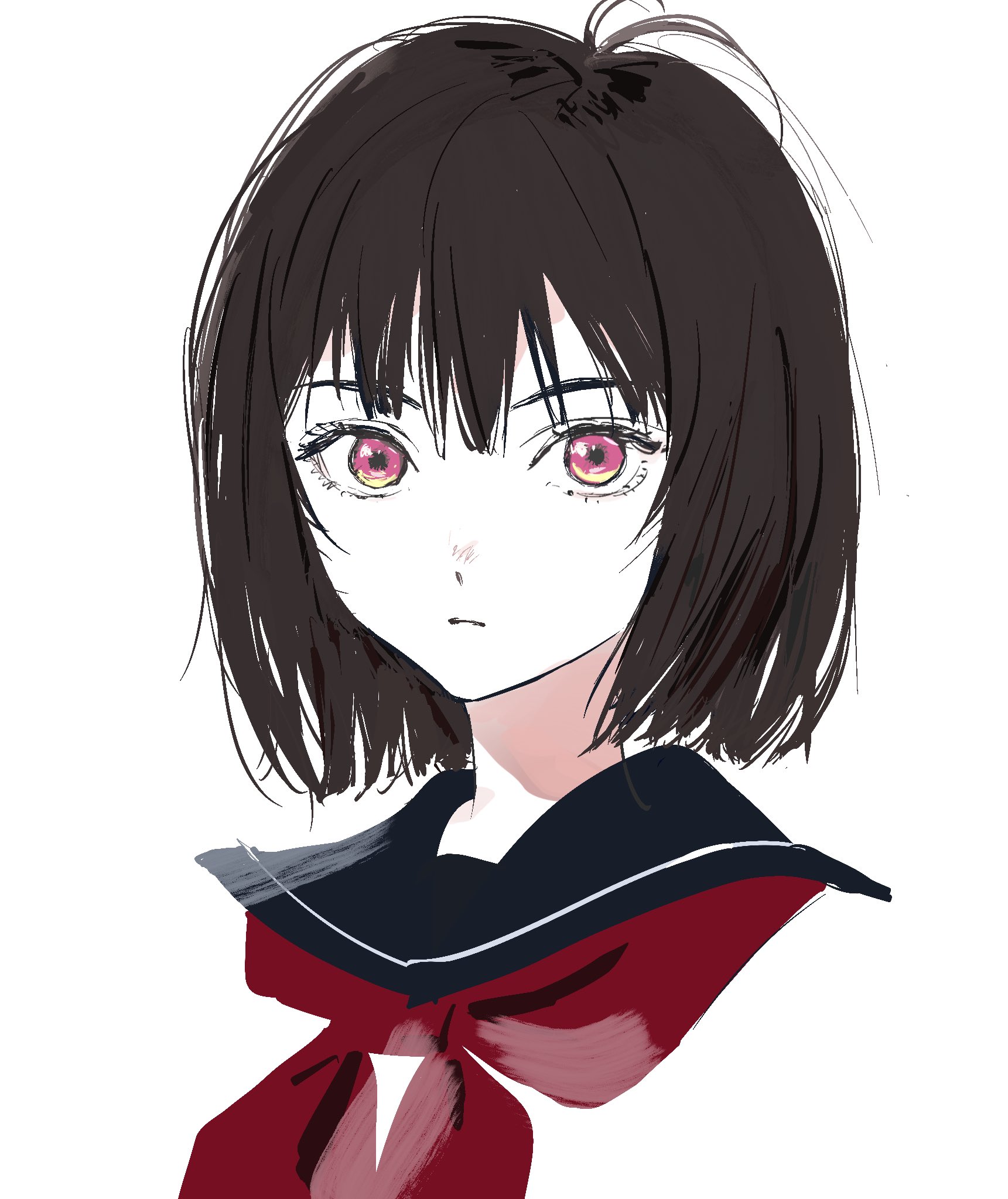 needbee r, osanai yuki, shoushimin series, highres, 1girl, black sailor collar, brown hair, closed mouth, cropped shoulders, looking at viewer, medium hair, neckerchief, pink eyes, red neckerchief, sailor collar, simple background, solo, white background