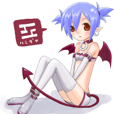 hoehoe3, etna (disgaea), pleinair, disgaea, makai senki disgaea, nippon ichi, original, lowres, 1girl, bat wings, blue hair, collar, cosplay, earrings, elbow gloves, etna (disgaea) (cosplay), female focus, gloves, jewelry, pointy ears, solo, tail, thighhighs, white gloves, white thighhighs, wings
