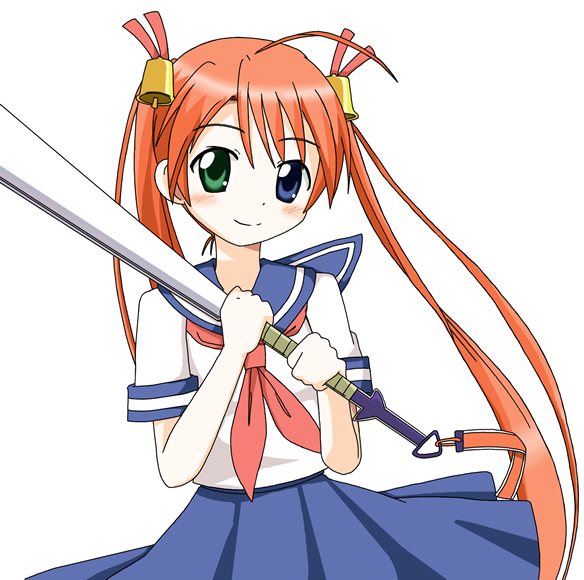 ixy, kagurazaka asuna, mahou sensei negima!, 00s, 1girl, bell, blue sailor collar, female focus, hair bell, hair ornament, heterochromia, pleated skirt, sailor collar, school uniform, serafuku, skirt, solo
