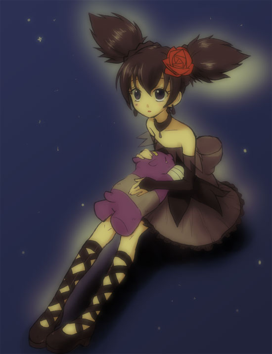 takano saki, kuromi, kurumi nui, onegai my melody, sanrio, 00s, 1girl, bandages, bare shoulders, black hair, bridal gauntlets, choker, dress, earrings, female focus, flower, jewelry, rose, sitting, solo, star (symbol), stuffed toy, toy, twintails