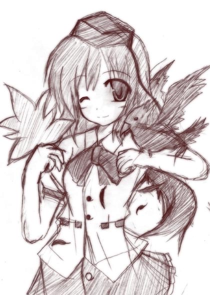 shameimaru aya, touhou, 1girl, animal on arm, bird, bird on arm, brown theme, crow, female focus, hat, looking at viewer, monochrome, sketch, skirt, solo, tokin hat