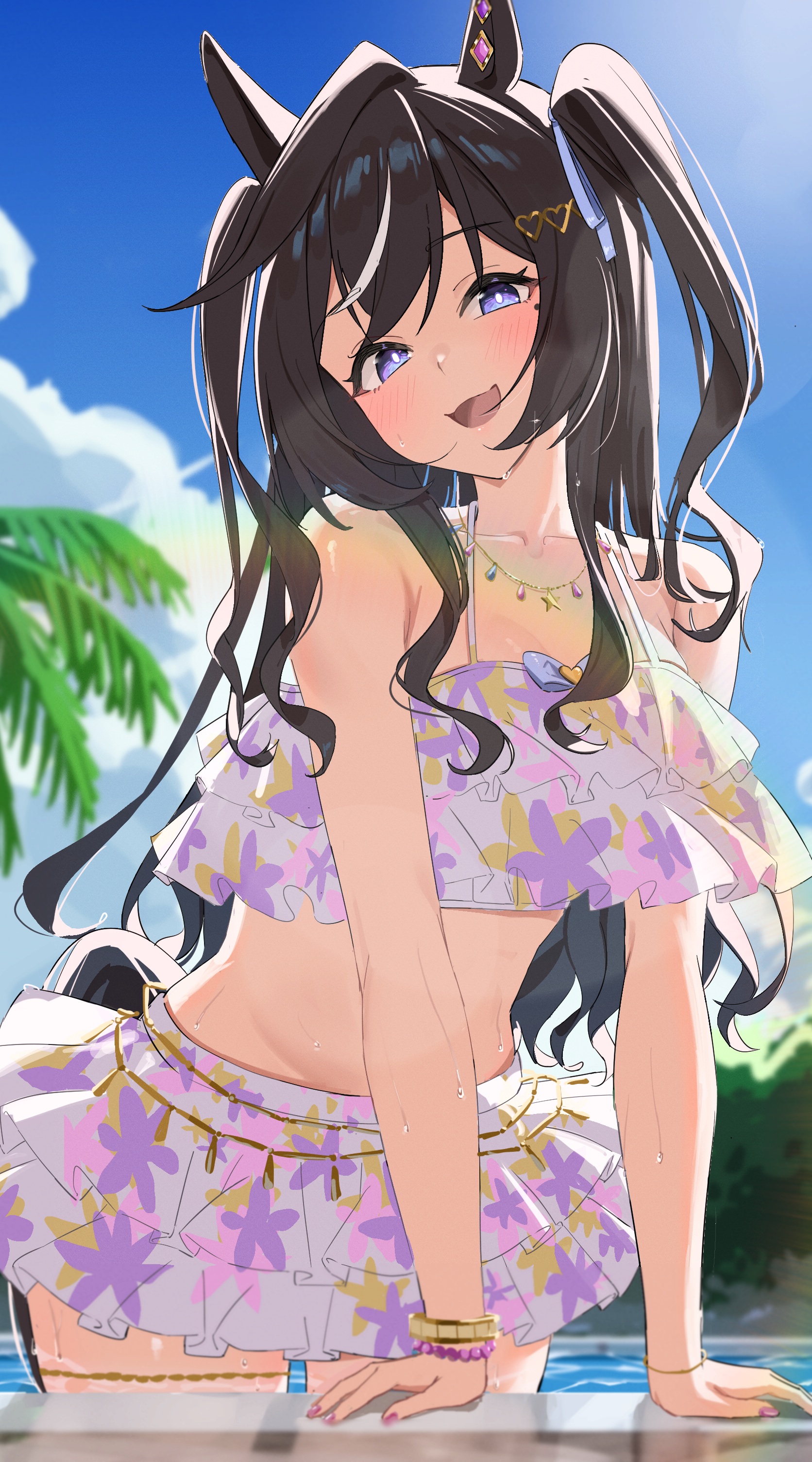 cidersour, vivlos (finest smile – liftoff!) (umamusume), vivlos (umamusume), umamusume, absurdres, highres, 1girl, animal ears, bare shoulders, bikini, bikini skirt, blue sky, blush, brown hair, cowboy shot, fang, fingernails, floral print bikini, hair between eyes, horse ears, horse girl, horse tail, long hair, looking at viewer, mole, mole under eye, nail polish, official alternate costume, official alternate hairstyle, open mouth, pink bikini, purple eyes, purple nails, ruffle bikini, skin fang, sky, smile, solo, swimsuit, tail, thighs, white streaks
