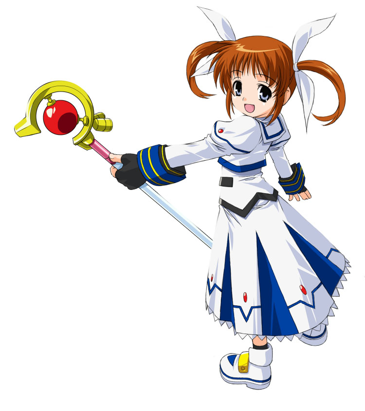 umekichi, raising heart, raising heart (device mode), takamachi nanoha, takamachi nanoha (sacred mode), lyrical nanoha, mahou shoujo lyrical nanoha, 00s, 1girl, black gloves, blue eyes, brown hair, female focus, fingerless gloves, full body, gloves, hair ribbon, looking back, magical girl, purple eyes, red hair, ribbon, shoes, short hair, simple background, smile, solo, standing, twintails, white background