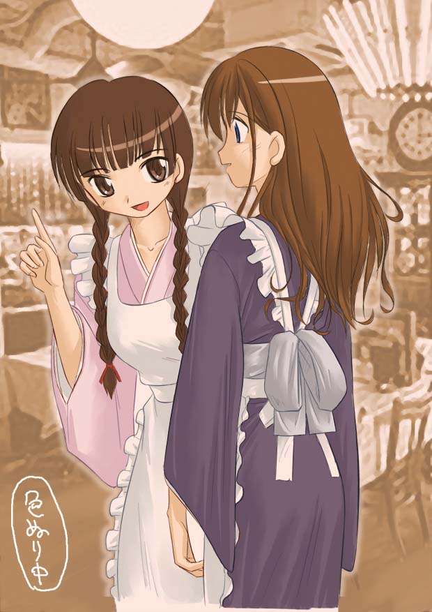 shimazu yoshino, toudou shimako, maria-sama ga miteru, 00s, 2girls, :d, apron, blue eyes, braid, brown eyes, brown hair, japanese clothes, long hair, maid, maid apron, multiple girls, open mouth, smile, twin braids, wa maid