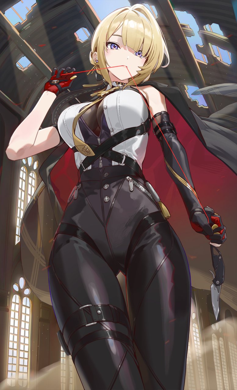 kfr, evelyn chevalier, zenless zone zero, commentary request, highres, 1girl, arm strap, asymmetrical gloves, black choker, black gloves, black jacket, black pants, blonde hair, breasts, choker, earrings, elbow gloves, from below, gloves, hand up, high-waist pants, holding, holding knife, jacket, jacket on shoulders, jewelry, knife, large breasts, looking afar, mouth hold, pants, purple eyes, shirt, shirt tucked in, short hair, single elbow glove, solo, thigh gap, tight clothes, tight pants, uneven gloves, white shirt