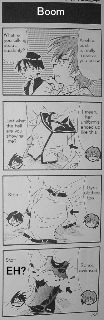 kousaka tamaki, to heart (series), to heart 2, hard-translated, long image, tall image, third-party edit, translated, 00s, 2boys, comic, greyscale, monochrome, multiple boys, shirt, unworn shirt