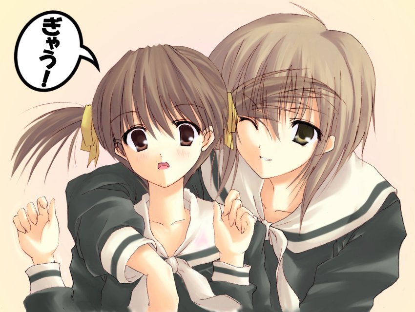fukuzawa yumi, satou sei, maria-sama ga miteru, grabbing, 00s, 2girls, blonde hair, brown hair, height difference, multiple girls, open mouth, school uniform, serafuku, size difference, surprised