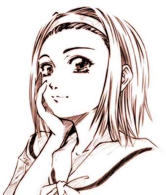torii eriko, maria-sama ga miteru, lowres, 00s, 1girl, brown theme, female focus, hairband, hairline, monochrome, portrait, school uniform, serafuku, solo