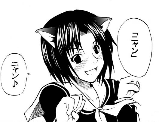 mizuno youko, maria-sama ga miteru, translation request, 00s, 1girl, animal ears, cat ears, female focus, greyscale, monochrome, paw pose, solo