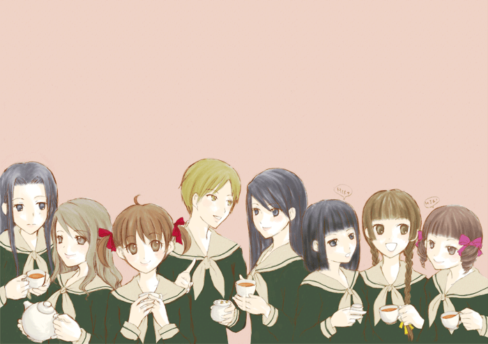 hasekura rei, hosokawa kanako, matsudaira touko, nijou noriko, ogasawara sachiko, shimazu yoshino, toudou shimako, maria-sama ga miteru, 00s, 6+girls, :d, black eyes, black hair, bow, braid, brown eyes, brown hair, cup, drill hair, everyone, hair bow, holding, long hair, looking at viewer, multiple girls, open mouth, pink background, school uniform, serafuku, short hair, simple background, smile, tea, teapot, twin braids, twin drills