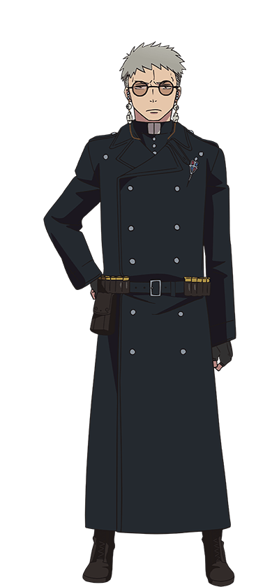 oohigashi yurie, fujimoto shirou, ao no exorcist, official art, 1boy, anime coloring, belt, belt pouch, black belt, black coat, black gloves, boots, brown boots, closed mouth, coat, fingerless gloves, full body, glasses, gloves, grey hair, hand on own hip, long coat, long sleeves, looking at viewer, pouch, short hair, simple background, solo, standing, sunglasses, transparent background, very short hair
