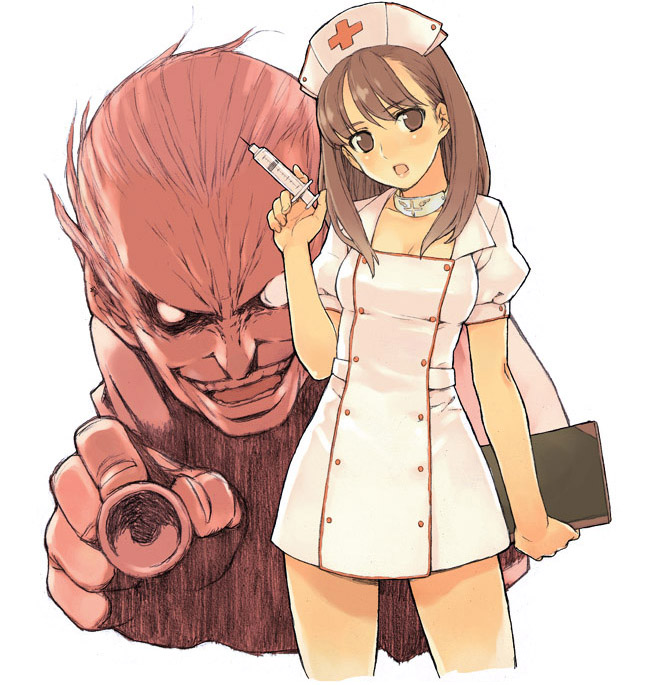morisawa haruyuki, original, 1boy, 1girl, blush, brown eyes, brown hair, choker, clipboard, doctor, dress, evil grin, evil smile, grin, hat, head tilt, medical, nurse, nurse cap, open mouth, short dress, smile, stethoscope, syringe