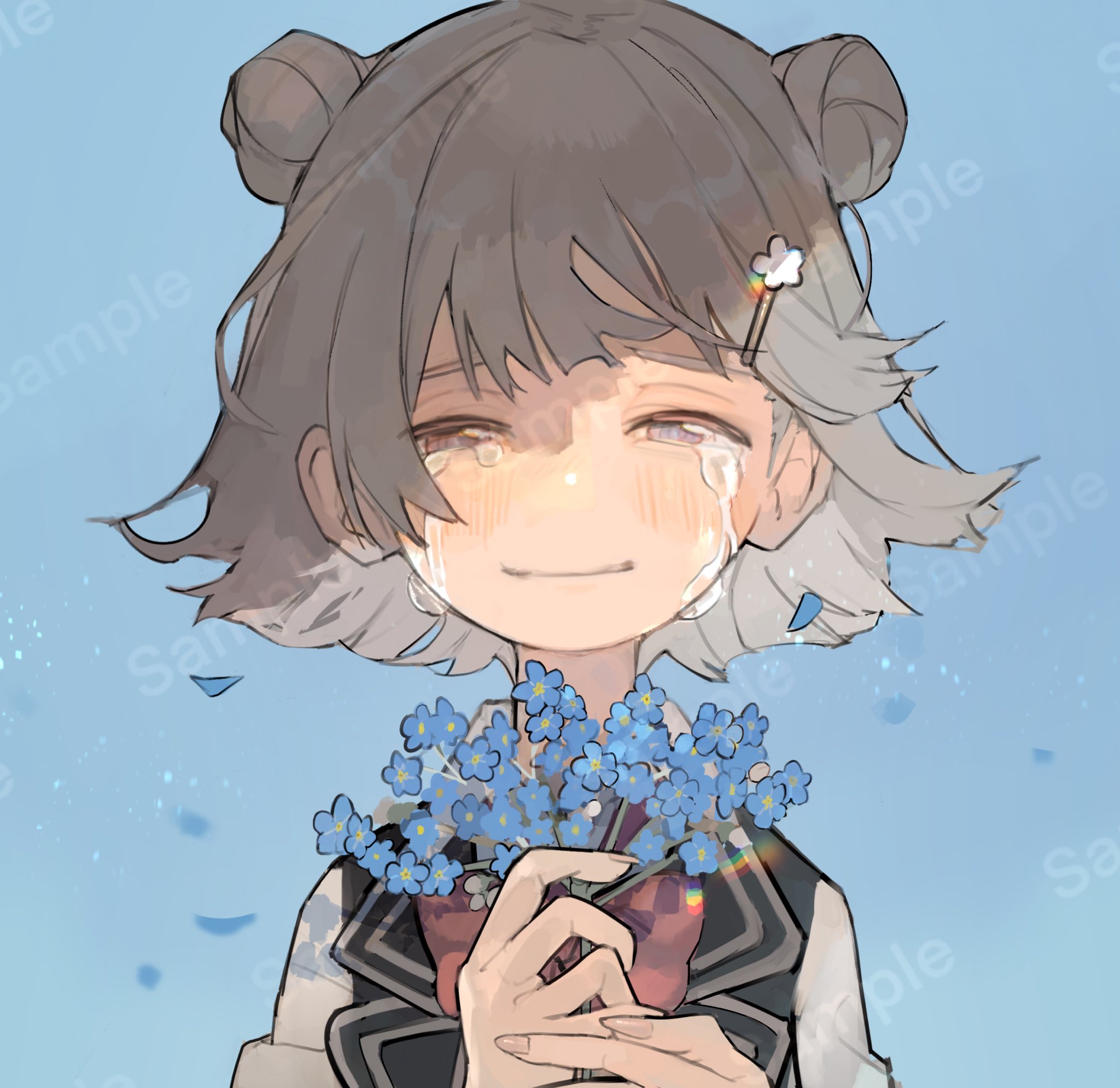 ni (nimame629), koharu rikka, cevio, synthesizer v, highres, 1girl, black vest, blue background, blue flower, crying, crying with eyes open, double bun, falling petals, flower, grey hair, hair bun, hair ornament, hairclip, half-closed eyes, holding, holding flower, lapels, looking at viewer, petals, purple eyes, shirt, short hair, solo, tears, upper body, vest, white shirt
