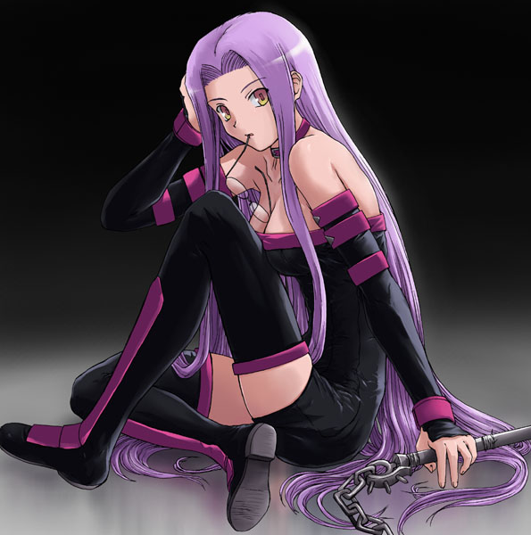 tsuyadashi shuuji, medusa (fate), medusa (rider) (fate), fate/stay night, fate (series), 00s, 1girl, bare shoulders, boots, breasts, chain, collar, detached sleeves, dress, female focus, glasses, gradient background, hand on own head, long hair, medium breasts, mouth hold, nameless dagger (fate), purple hair, sitting, solo, square pupils, strapless, strapless dress, thigh boots, thighhighs, very long hair, weapon, yellow eyes