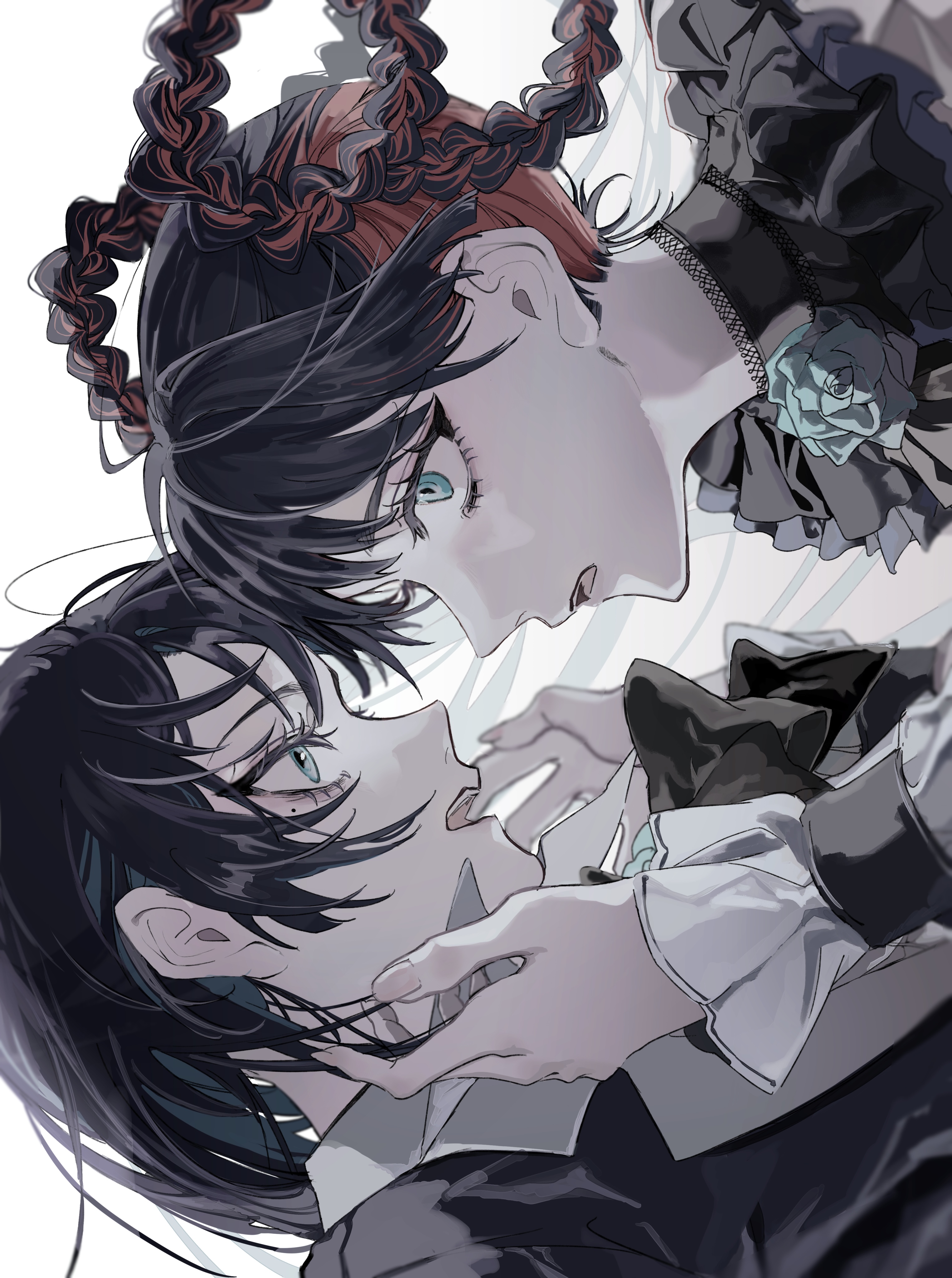 orihara (ewkkyorhr), chando (ado), ado (utaite), absurdres, commentary request, highres, official art, 2girls, black hair, blue eyes, blue flower, blue hair, blue rose, dual persona, flower, long hair, long sleeves, mole, mole under eye, multiple girls, open mouth, red hair, rose, selfcest, simple background, teeth, upper body, upper teeth only, utaite, white background, yuri