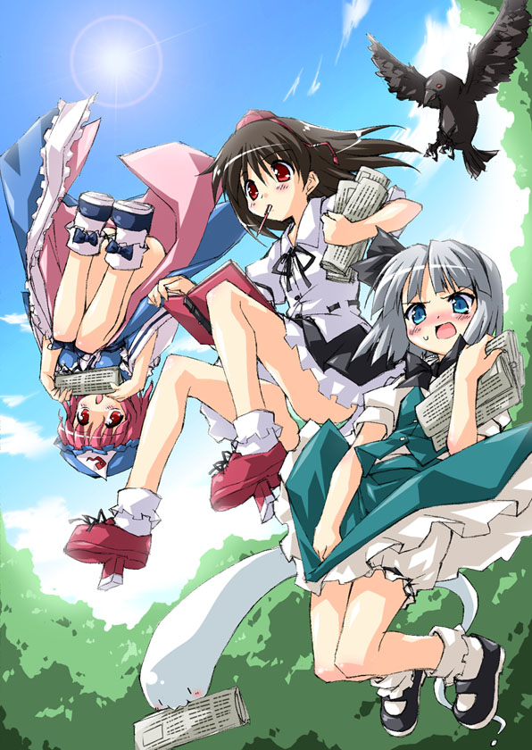 petenshi (dr. vermilion), konpaku youmu, konpaku youmu (ghost), saigyouji yuyuko, shameimaru aya, touhou, silver hair, 3girls, angry, bird, bloomers, blouse, blush, clothes pull, crow, day, female focus, geta, green eyes, green panties, hat, hitodama, jumping, mouth hold, multiple girls, newspaper, panties, pantyshot, shirt, shoes, skirt, skirt pull, socks, sun, tengu-geta, tokin hat, underwear, upside-down, upskirt, vest
