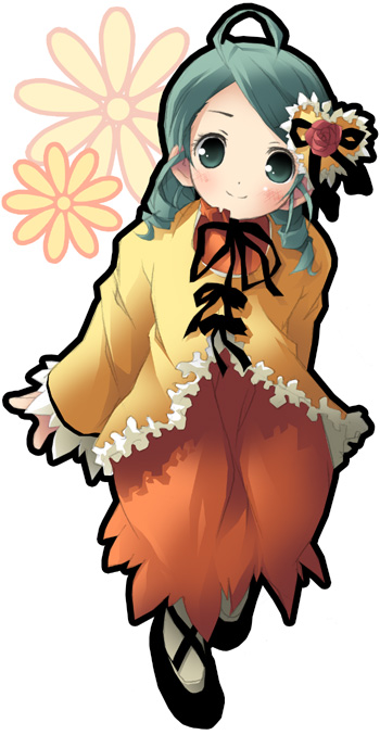 kantoku, kanaria, rozen maiden, 00s, 1girl, blush, dress, drill hair, female focus, flower, green eyes, green hair, hair flower, hair ornament, matching hair/eyes, orange dress, red flower, red rose, rose, short hair, smile, solo, twin drills, twintails, white background