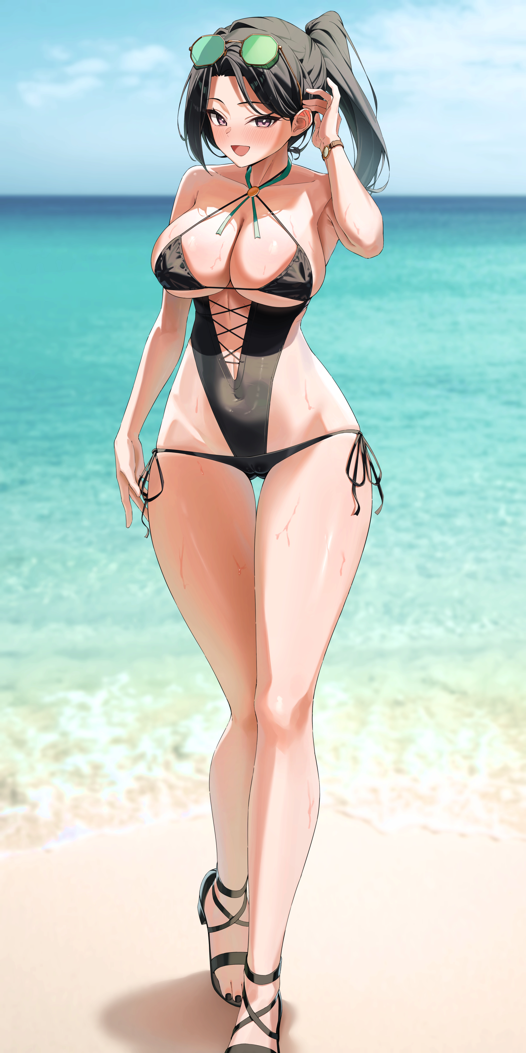 hear (kpmf4732), gakuen idolmaster, idolmaster, absurdres, highres, 1girl, bare shoulders, bikini, black one-piece swimsuit, blush, breasts, covered navel, eyewear on head, large breasts, long hair, looking at viewer, navel, one-piece swimsuit, open mouth, ponytail, sandals, side-tie bikini bottom, smile, solo, swimsuit, tinted eyewear, voice trainer (gakuen idolmaster)