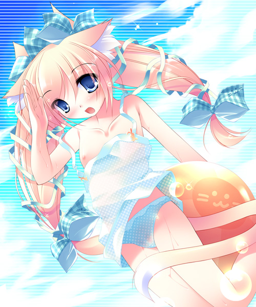inuneko, original, 1girl, animal ears, blonde hair, blue eyes, cat ears, female focus, flat chest, loli, long hair, nipple slip, nipples, panties, salute, solo, underwear