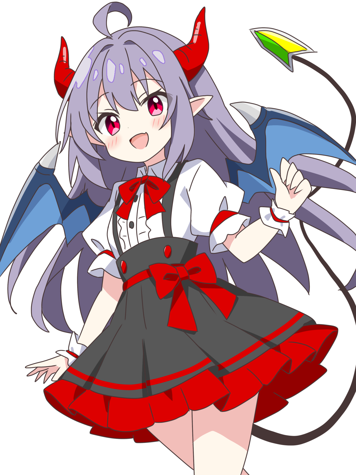 kotatsu-mazoku, original, commentary request, highres, 1girl, :d, ahoge, blush, bow, bowtie, center frills, collared shirt, cowboy shot, demon girl, demon tail, demon wings, dot nose, fang, frilled skirt, frills, hand up, horns, long hair, looking at viewer, open mouth, pleated skirt, pointy ears, purple hair, red bow, red bowtie, red eyes, red horns, shirt, short sleeves, shoshinsha demon girl (kotatsu-mazoku), simple background, skin fang, skirt, smile, solo, suspender skirt, suspenders, tail, waist bow, white background, white shirt, wings, wrist cuffs