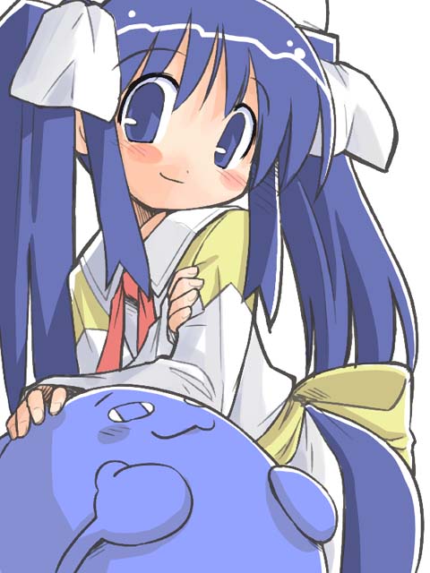 suka, sakura (ukagaka), unyuu, ukagaka, 1girl, arm support, blue eyes, blue hair, blush, bow, female focus, hair bow, leaning, looking at viewer, smile, solo, twintails