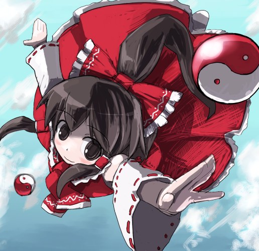 hakurei reimu, touhou, 1girl, bow, brown hair, cloud, day, detached sleeves, female focus, flying, half updo, solo, yin yang