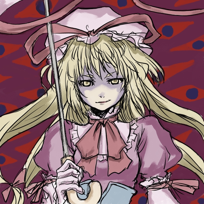 yakumo yukari, touhou, 1girl, blonde hair, dress, female focus, gap (touhou), gloves, looking at viewer, ribbon, shaded face, smirk, solo, umbrella, yellow eyes