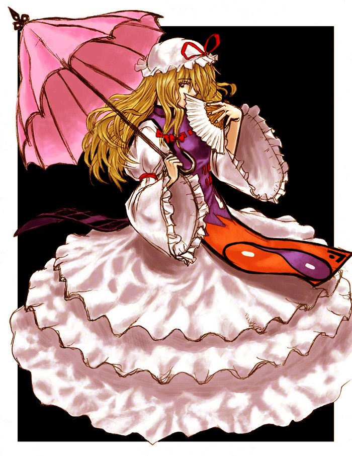 chiki (botugo), yakumo yukari, touhou, 1girl, blonde hair, covering face, covering own mouth, covering privates, dress, female focus, folding fan, frills, hand fan, hat, long hair, long sleeves, looking at viewer, ribbon, solo, tabard, umbrella