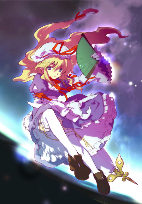 2no, ninomoto, yakumo yukari, touhou, bad id, bad pixiv id, 1girl, blonde hair, elbow gloves, female focus, folding fan, frills, gloves, hand fan, hat, long hair, purple eyes, ribbon, solo, thighhighs, umbrella, umbrella riding