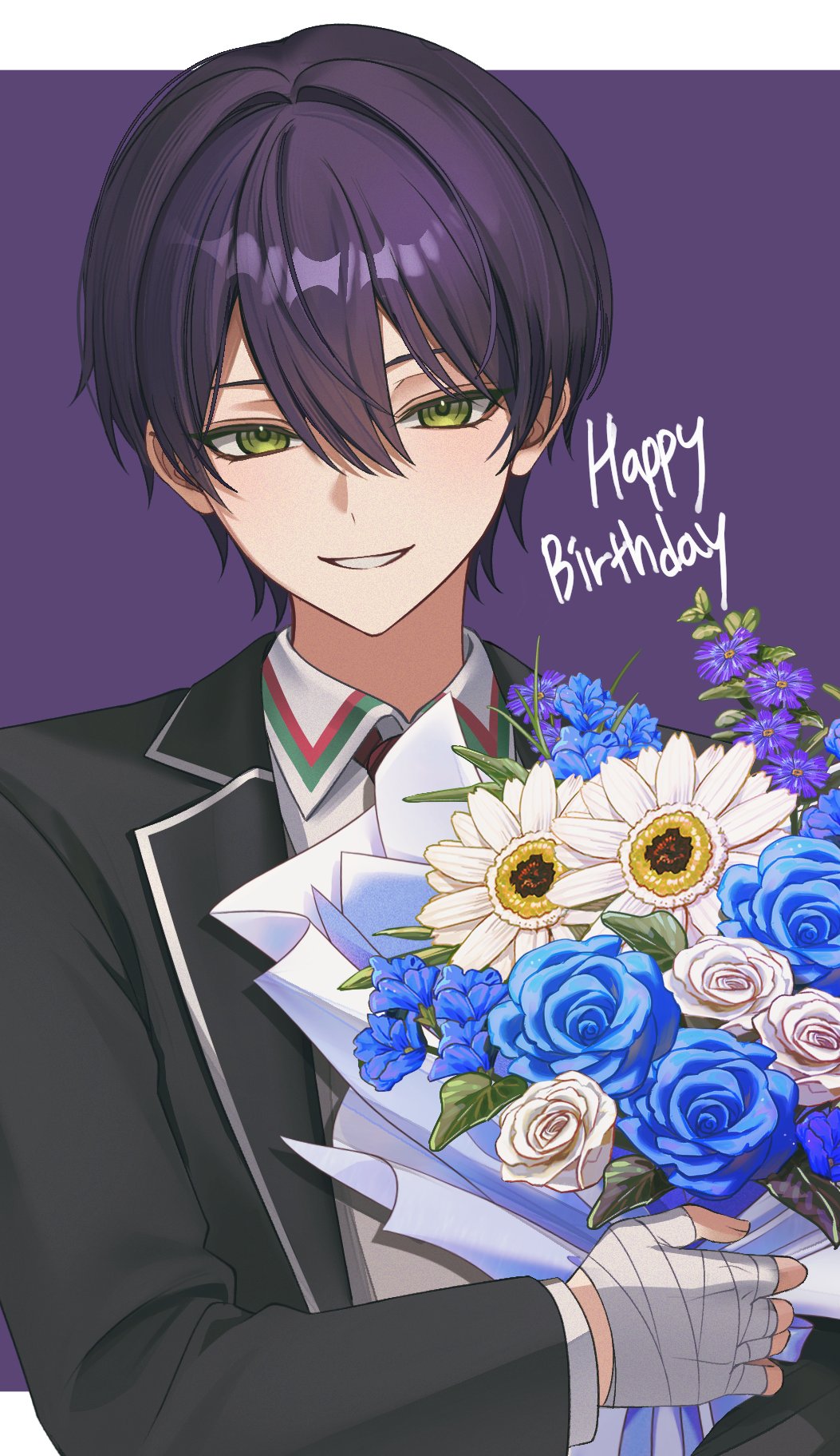 onmoynn, kenmochi touya, nijisanji, highres, 1boy, bandaged hand, bandages, black jacket, blue flower, blue rose, bouquet, collared shirt, flower, green eyes, grin, hair between eyes, holding, holding bouquet, jacket, looking at viewer, male focus, necktie, purple background, purple eyes, purple flower, red necktie, rose, shirt, smile, solo, teeth, upper body, virtual youtuber, white flower, white rose, white shirt