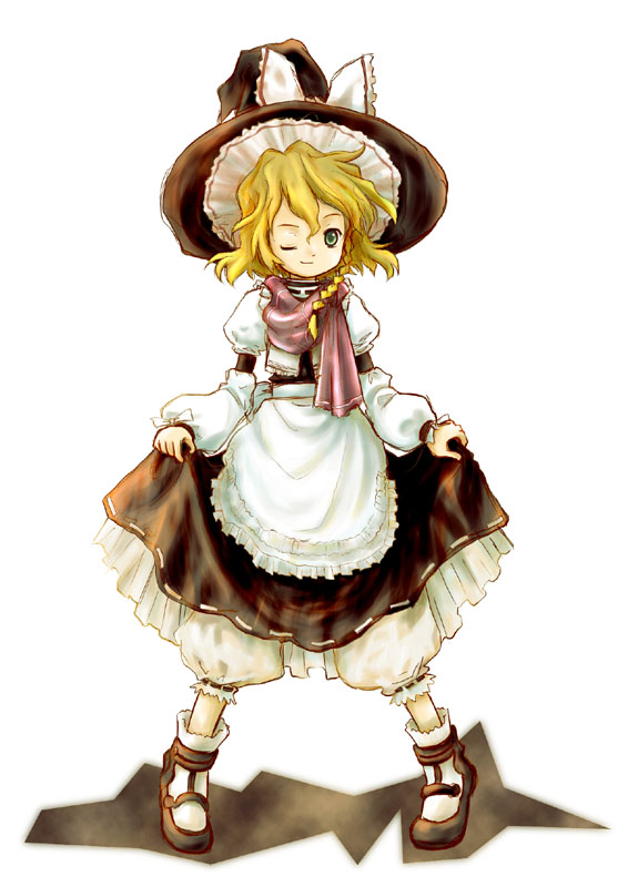 kirisame marisa, touhou, 1girl, blonde hair, braid, curtsey, female focus, green eyes, hat, one eye closed, short hair, single braid, skirt hold, solo, witch hat