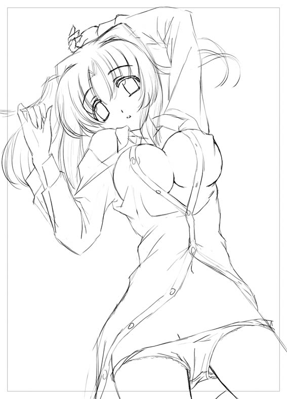 tokino, kannagi youko, ukagaka, 1girl, breasts, cleavage, dress shirt, female focus, greyscale, lace, lace-trimmed panties, lace trim, lying, medium breasts, monochrome, navel, no bra, on back, open clothes, open shirt, panties, panty pull, shirt, solo, underwear
