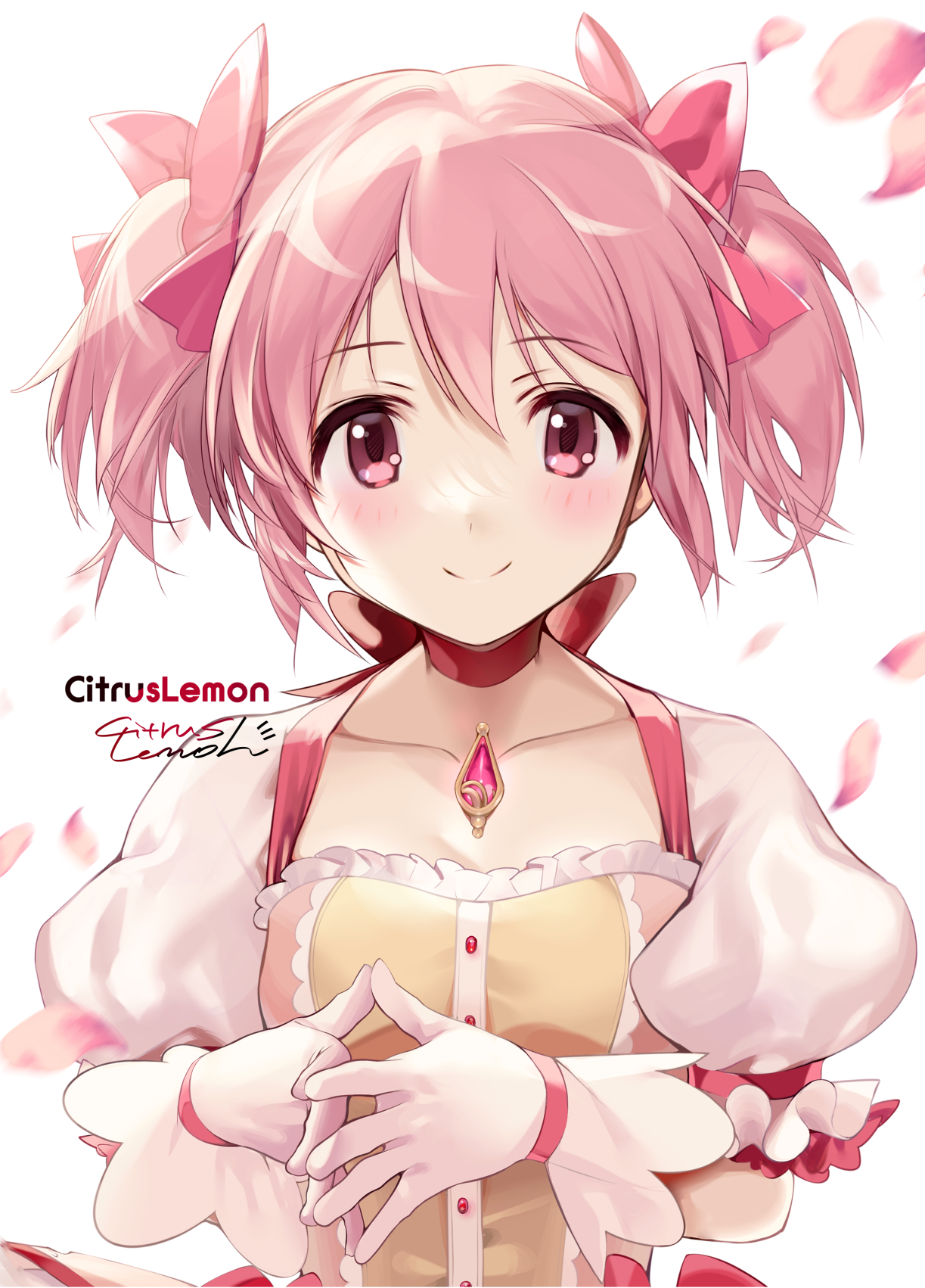 citrus lemon, kaname madoka, kaname madoka (magical girl), mahou shoujo madoka magica, mahou shoujo madoka magica (anime), highres, 1girl, artist name, blush, bow, chest jewel, closed mouth, collarbone, dress, gem, gloves, hair between eyes, hair bow, looking at viewer, neck ribbon, own hands together, petals, pink bow, pink dress, pink eyes, pink gemstone, pink hair, pink ribbon, red ribbon, ribbon, short sleeves, signature, simple background, smile, solo, twintails, white background, white gloves, yellow dress