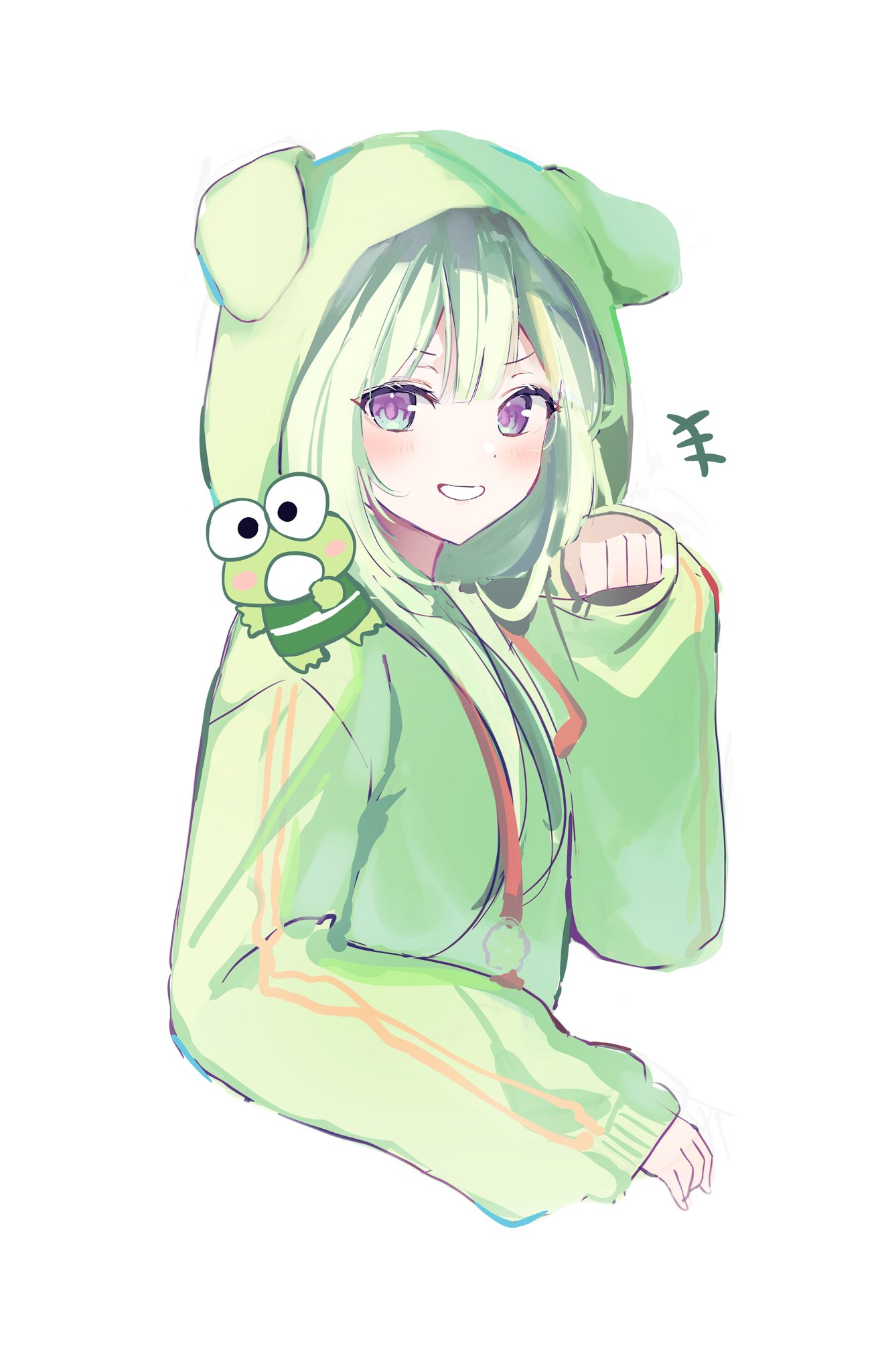 yuzuha riko, stellive, commentary request, highres, korean commentary, 1girl, animal ear hood, bibi (1vua1ways2), blush, chico (yuzuha riko), cropped torso, double-parted bangs, fake animal ears, green hair, green hoodie, grin, hood, hoodie, long sleeves, looking at viewer, looking to the side, purple eyes, simple background, smile, solo, turning head, virtual youtuber, white background, wide sleeves