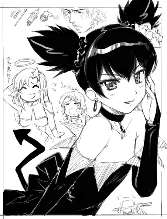 shirayuki shoushirou, athrun zala, kuromi, kurumi nui, meer campbell, gundam, gundam seed, gundam seed destiny, onegai my melody, sanrio, 00s, 2boys, 2girls, bare shoulders, bridal gauntlets, choker, closed eyes, earrings, flat chest, flower, greyscale, hair flower, hair ornament, halo, jewelry, long hair, monochrome, multiple boys, multiple girls, open mouth, short hair, short twintails, sketch, smile, star (symbol), star hair ornament, tail, tears, twintails