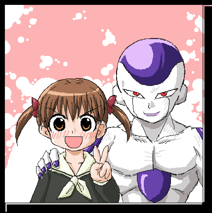 iguchi sentarou, final form frieza, frieza, fukuzawa yumi, dragon ball, dragonball z, maria-sama ga miteru, hand on shoulder, lowres, 1boy, 1girl, blush, border, bow, brown hair, crossover, in arm, oekaki, parody, ribbon, short twintails, smile, twintails, v, what
