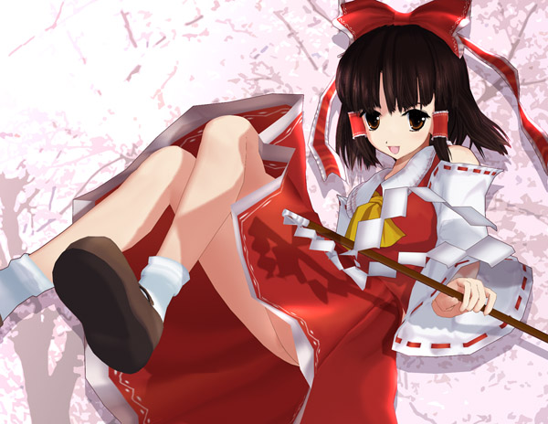 enjou yukito, hakurei reimu, touhou, 1girl, 3d, ass, bow, brown eyes, brown hair, female focus, gohei, hair bow, hair tubes, looking at viewer, short hair, skirt, smile, socks, solo