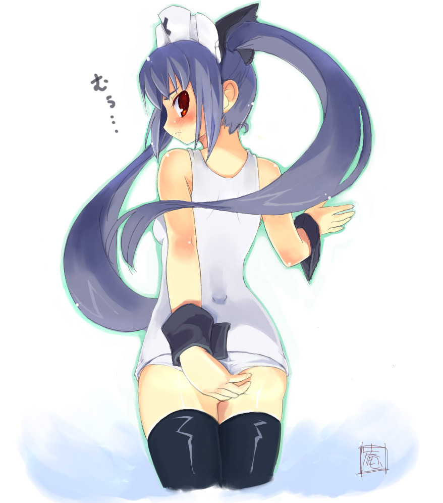 amasa mitsunaru, kooh (pangya), pangya, 1girl, animal ears, black thighhighs, cat ears, fake animal ears, female focus, one-piece swimsuit, school swimsuit, solo, swimsuit, thighhighs, white one-piece swimsuit, white school swimsuit
