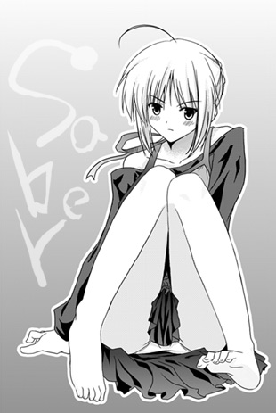 senji (tegone spike), artoria pendragon (fate), saber (fate), fate/stay night, fate (series), lowres, 00s, 1girl, barefoot, blush, female focus, greyscale, monochrome, official alternate costume, panties, pantyshot, shirt slip, sitting, solo, underwear