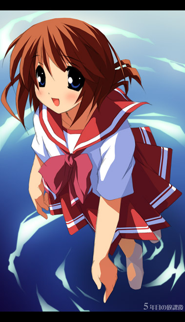 kantoku, komaki manaka, to heart (series), to heart 2, 00s, 1girl, blue eyes, brown hair, female focus, folded ponytail, letterboxed, looking up, open mouth, school uniform, serafuku, short hair, smile, solo, standing, wading, water