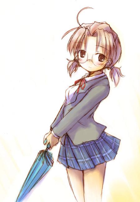 mizumoto tadashi, sakurada nori, rozen maiden, 00s, 1girl, blazer, brown eyes, brown hair, closed umbrella, female focus, glasses, jacket, plaid clothes, plaid skirt, pleated skirt, school uniform, short twintails, skirt, solo, twintails, umbrella