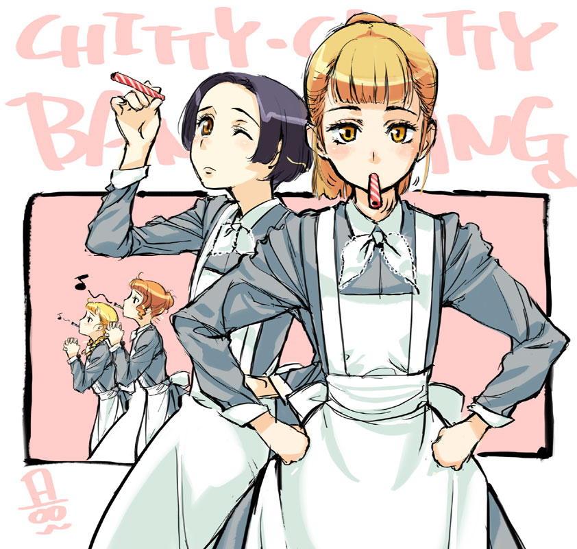 oshare kyoushitsu, chitty chitty bang bang, 4girls, candy, chittychittybangbang, food, hands on own hips, maid, mouth hold, multiple girls, own hands clasped, own hands together, tootsweets, yellow eyes