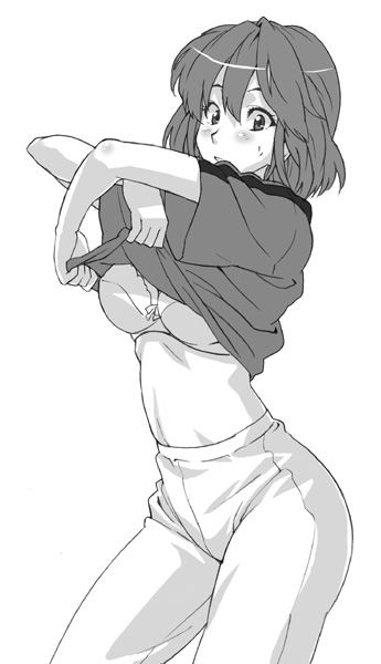 takeda hiromitsu, anezaki mamori, eyeshield 21, 00s, 1girl, bra, female focus, greyscale, lingerie, monochrome, short hair, solo, underwear, undressing