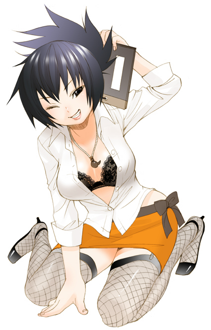 inuburo, mitarashi anko, naruto (classic), naruto (series), shueisha, 1girl, black bra, black eyes, black hair, blouse, bra, dress shirt, female focus, fishnet thighhighs, fishnets, garter straps, half-closed eyes, high heels, kneeling, lingerie, midriff peek, miniskirt, one eye closed, open clothes, open shirt, pencil skirt, ponytail, shirt, shoes, simple background, skirt, smile, solo, teacher, thighhighs, underwear, white background, wink