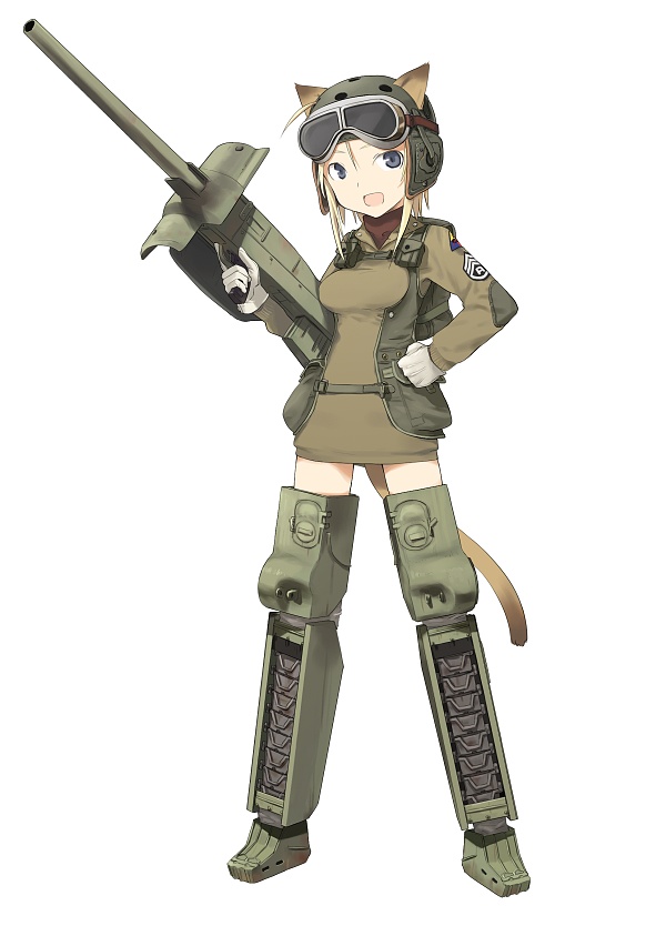 shimada fumikane, m4 sherman, konami mecha musume, vehicle, 1girl, ahoge, animal ears, cat ears, cat tail, ears through headwear, female focus, full body, mecha musume, medium tank, military, military vehicle, motor vehicle, simple background, solo, standing, tail, tank, thighhighs, white background, world war ii
