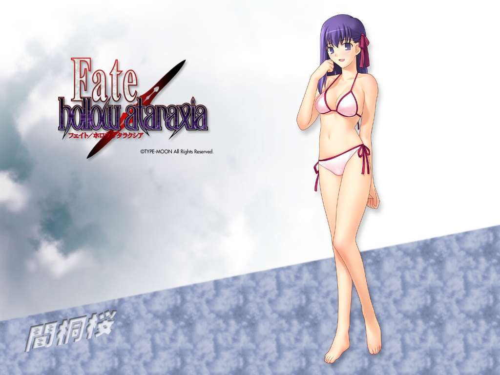takeuchi takashi, matou sakura, fate/hollow ataraxia, fate/stay night, fate (series), 00s, 1girl, bikini, female focus, official alternate costume, side-tie bikini bottom, solo, swimsuit