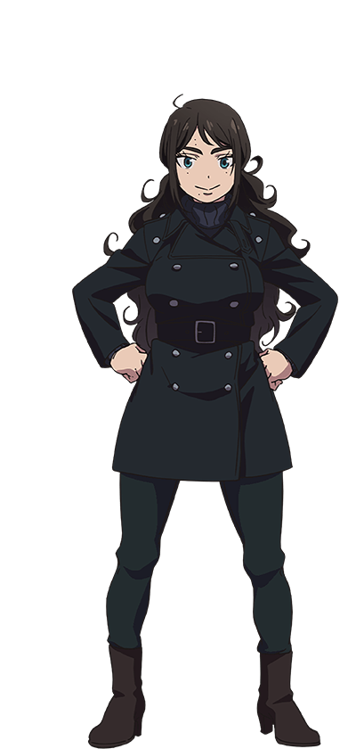 oohigashi yurie, yuri egin, ao no exorcist, official art, 1girl, anime coloring, belt, black belt, black coat, black hair, black pants, blue eyes, boots, breasts, brown boots, clenched hands, closed mouth, coat, full body, grey sweater, hands on own hips, high heel boots, high heels, large breasts, long hair, looking at viewer, mole, mole under eye, mole under mouth, multiple moles, pants, simple background, smile, solo, standing, sweater, thick eyebrows, transparent background, tsurime, turtleneck, turtleneck sweater, very long hair, wavy hair