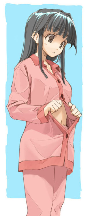 hidari (left side), original, 1girl, black hair, brown eyes, cowboy shot, female focus, long hair, midriff, open clothes, open shirt, pajamas, pants, pink pants, shirt, solo